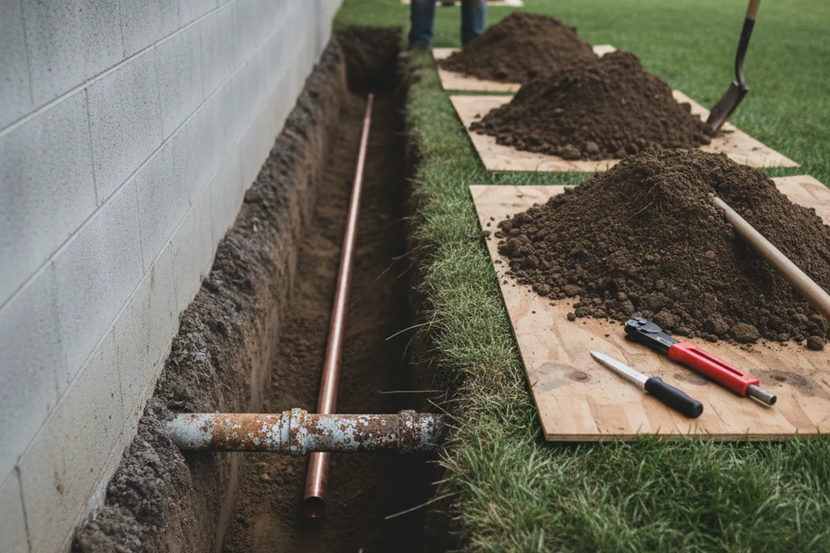 Excavated water line trench during Water Softener Installation in Pacifica